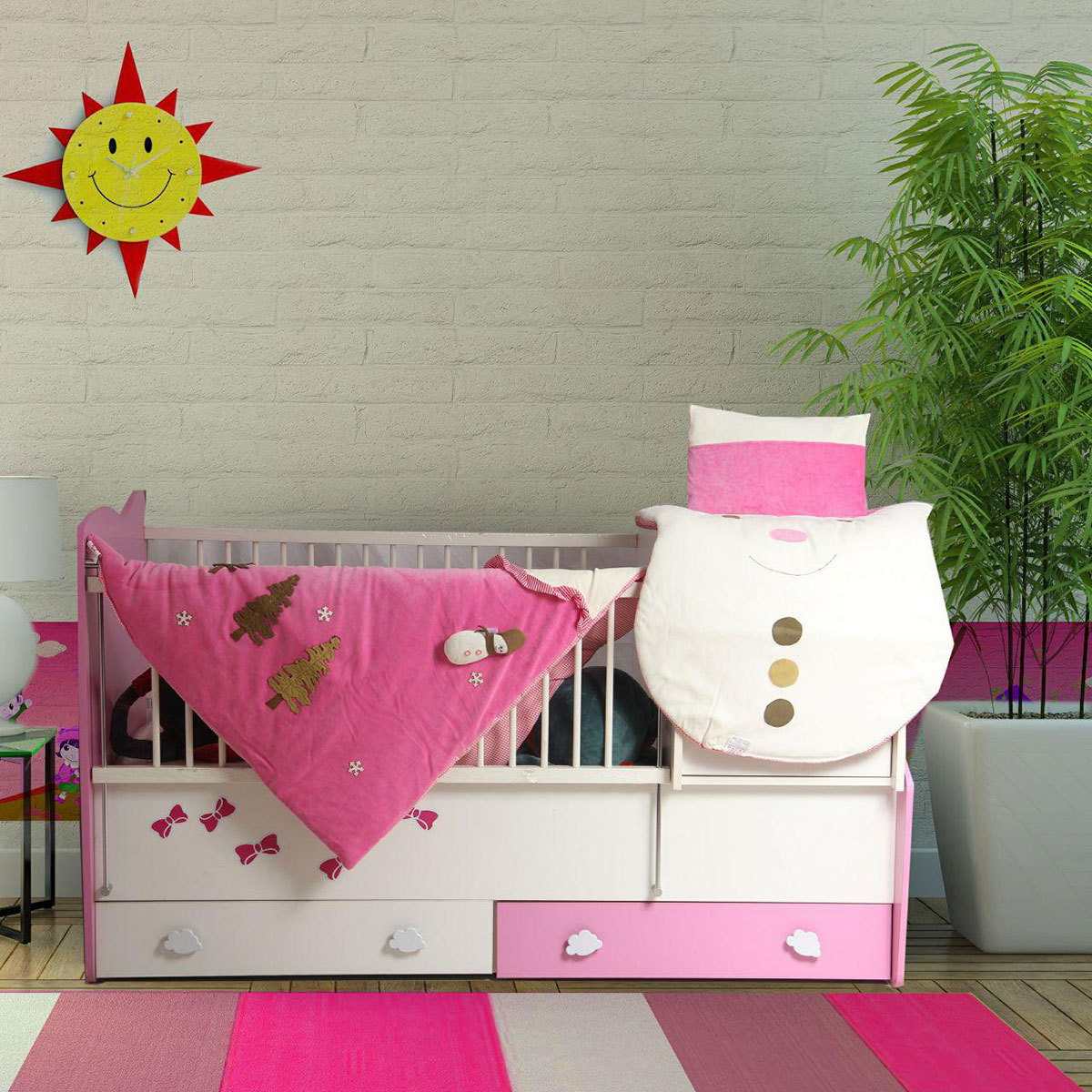 سرویس دم دستی سه تکه مدل آدم برفی مخمل صورتی رنگ